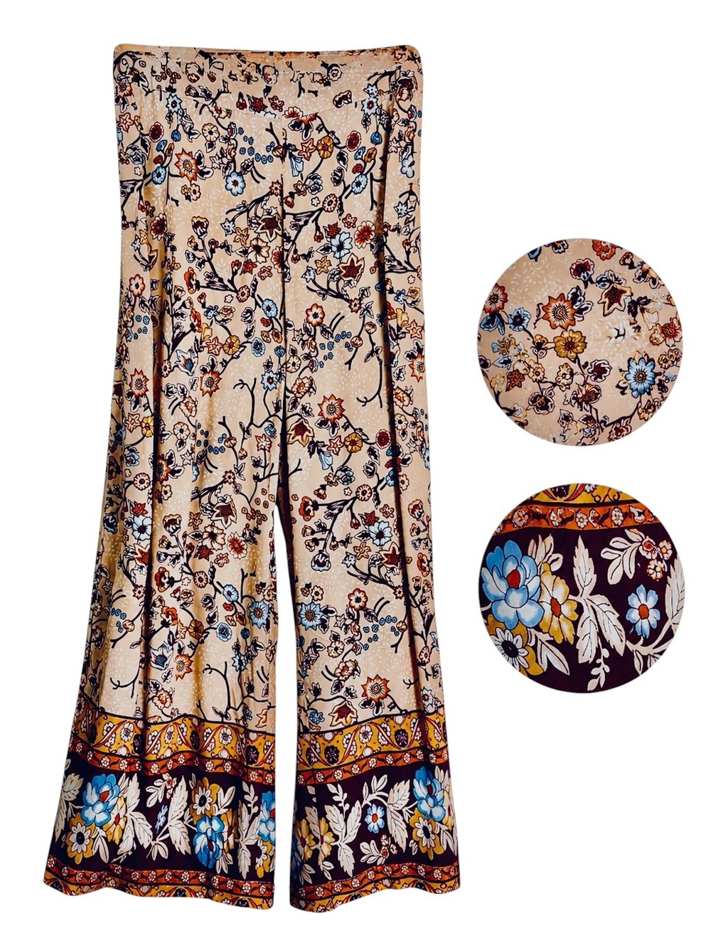 Caravansera Boho Floral Palazzo Pants L/XL Wide Leg Border Print Elastic Waist